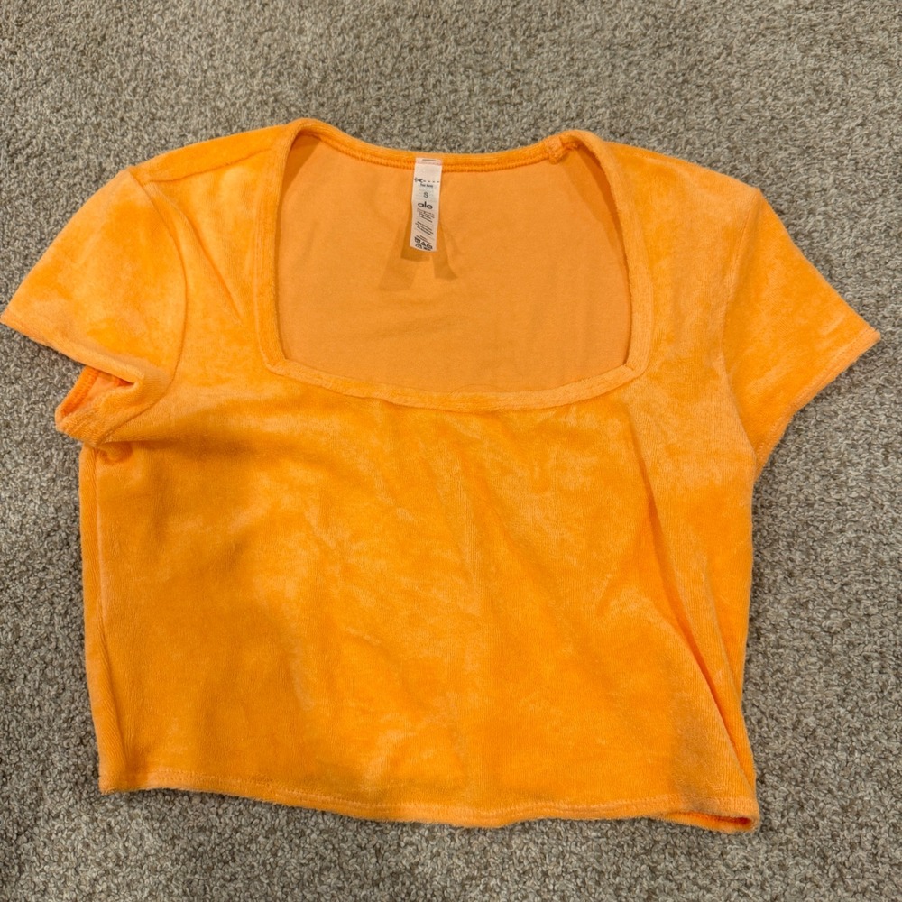 Alo Yoga Womens Orange Terry Cloth Square Neck Short Sleeve Crop Top Size Small
